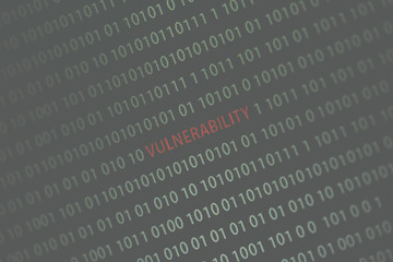 'Vulnerability' word in the middle of the computer screen surrounded by numbers zero and one. Image is taken in a small angle. Image has a vintage effect applied.