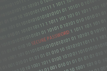'Secure password' text in the middle of the computer screen surrounded by numbers zero and one. Image is taken in a small angle. Image has a vintage effect applied.