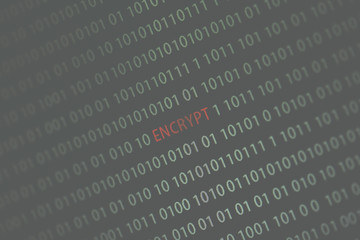 'Encrypt' word in the middle of the computer screen surrounded by numbers zero and one. Image is taken in a small angle. Image has a vintage effect applied.