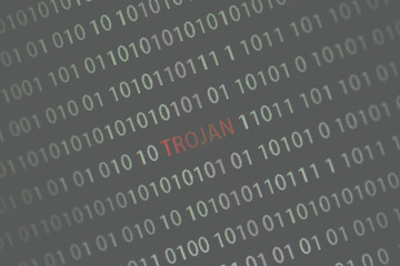 'Trojan' word in the middle of the computer screen surrounded by numbers zero and one. Image is taken in a small angle. Image has a vintage effect applied.