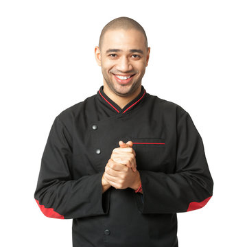Portrait of  happy  Afro American professional cook isolated.