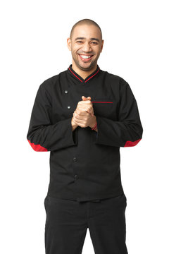 Portrait of  happy  Afro American professional cook isolated.