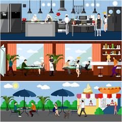 Vector banner with restaurant interiors. Kitchen, dining room and street cafe. Illustration in flat design