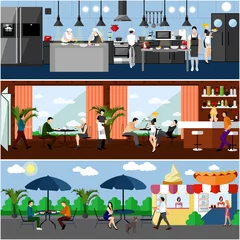 Rolgordijnen Restaurant Vector banner with restaurant interiors. Kitchen, dining room and street cafe. Illustration in flat design