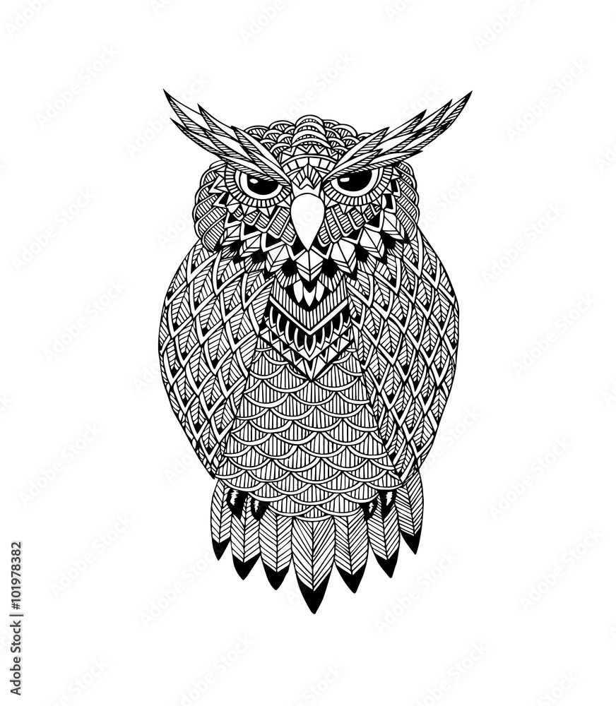 Wall mural owl vector handdrawn illustration in zentangle style