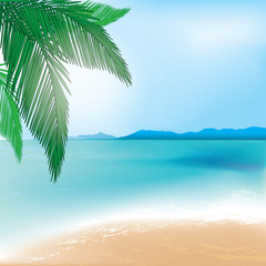 Tropical beach and sea background with palm branch. Vector illustration