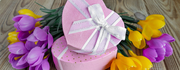 Bouquet of crocuses and gift box