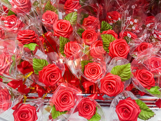 Plastic flowers on Valentine's Day