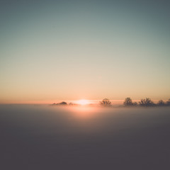 Fototapeta premium foggy country fields in winter on cold morning - vintage effect