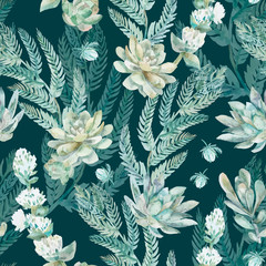 Vector floral seamless pattern. Succulents, ferns, thorns.  - 101983754