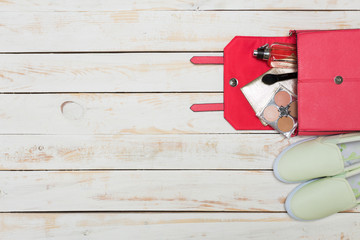 Woman's clothes on wooden background