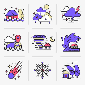 Set of icons into flat style. Emergency, weather and natural disasters.