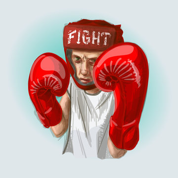 Young boxer with red boxing gloves and red helmet fighting