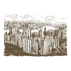 Hong Kong skyline. View from Victoria Peak. Vector freehand sketch.