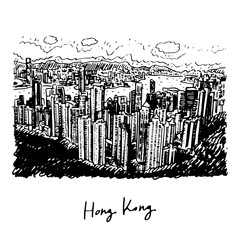 Hong Kong skyline. View from Victoria Peak. Vector freehand sketch.