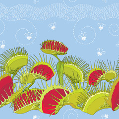 Seamless pattern with Venus Flytrap or Dionaea muscipula and cartoon white flies on the blue background. Background with carnivorous plants in contour style.