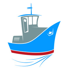 Cartoon blue Tugboat at sea. Vector illustration.