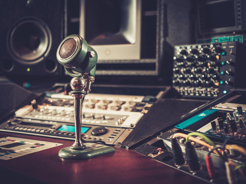 Close-up of boutique recording studio control desk.