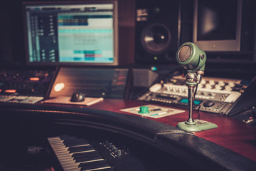 Close-up of boutique recording studio control desk.