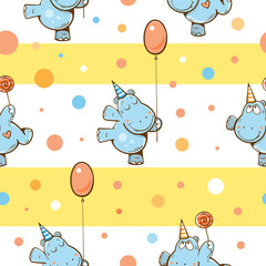 Vector birthday seamless pattern with cartoon funny hippos, candies, balloons  and confetti on striped  background.