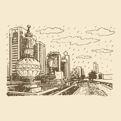 Street view in Abu Dhabi, United Arab Emirates. Vector hand drawn sketch