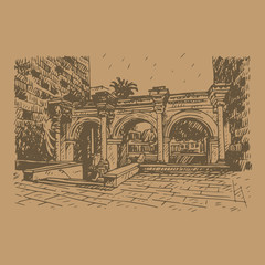 Hadrian's Gate in old city of Antalya, Turkey. Vector freehand pencil sketch.