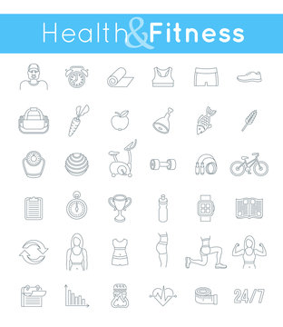 Fitness gym and healthy lifestyle flat thin line vector icons. Diet nutrition, shaping workout, fitness gear, personal trainer, sport clothes infographic elements. Exercises for female body muscles
