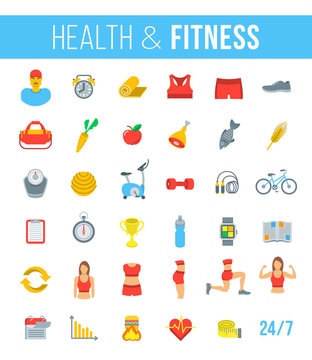 Fitness gym and healthy lifestyle flat vector icons. Diet nutrition, shaping workout, fitness gear, personal trainer, sport clothes infographic elements. Exercises for different muscles of female body