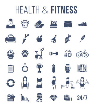 Fitness gym and healthy lifestyle flat silhouettes vector icons. Diet nutrition, shaping workout, fitness gear, personal trainer, sport clothes infographic elements. Exercises for female body muscles