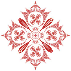 Asian culture inspired  wedding makeup  henna tattoo decoration Shape with oval diagonal elements in white, red  floral decoration  symbolizing happiness, love and spiritual life , zen , inner peace
