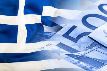 Greece flag. Euro money. Euro currency. Colorful waving greece flag on a euro money background