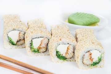 Japanese sushi with eel, Philadelphia cheese and chuki in the pr