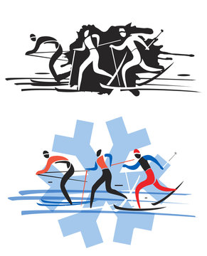 Three cross country skiers.
Three stylized cross country skiers. Colorful and black variant. Vector available. 
