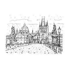 View from Charles Bridge, Prague, Czech Republic. Vector hand drawn sketch.