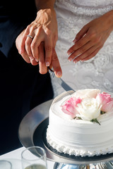 Bride and groom carving delicious white wedding cake closeup