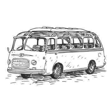 Retro bus. Picture of vintage transport. Old times. Vector hand drawn sketch.