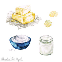 Clipart nourriture aquarelle - produits laitiers et fromages