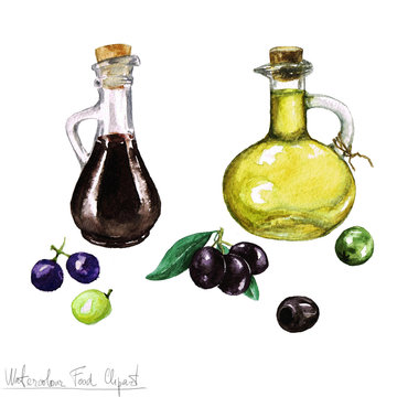 Watercolor Food Clipart -  Olive oil and Vinegar 