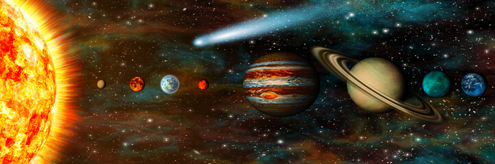 Realistic Solar System, planets in a row, ultra-widescreen