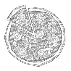 Sliced pizza isolated on white background. Hand drawn sketch vector illustration