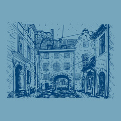 Swedish Gate in the old city of Riga, Latvia. Vector freehand pencil sketch.