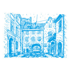 Swedish Gate in the old city of Riga, Latvia. Vector freehand pencil sketch.