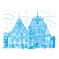 The historic House of the Blackheads and statue of Saint Roland in the old town of Riga, Latvia. Vector freehand pencil sketch.