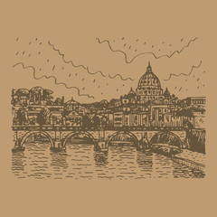View at Tiber and St. Peter's cathedral in Rome, Italy. Vector hand drawn sketch.