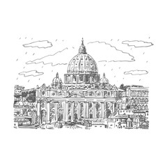 St. Peter's basilica in Vatican, Rome, Italy. Vector hand drawn sketch.