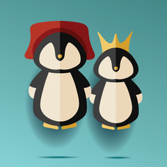 illustration of two male and female penguins in hat and crown