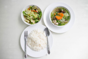 soup with and mixed vegetable stire-fried served with white rice