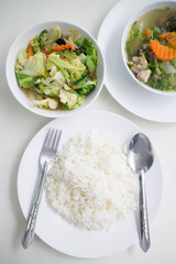 soup with and mixed vegetable stire-fried served with white rice