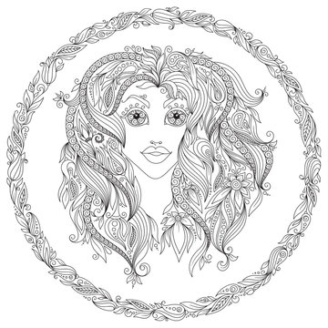 Pattern for coloring book. Zodiac Virgo.
