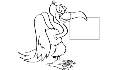 Black and white illustration of a buzzard holding a sign.